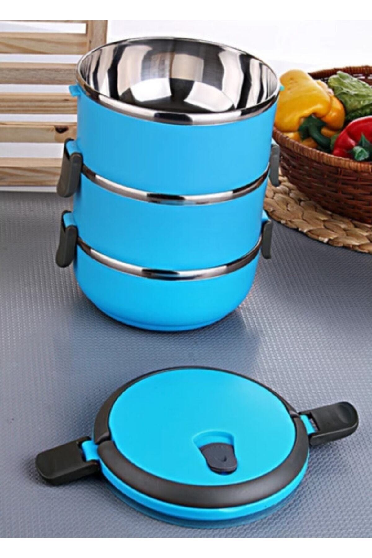 Goldsepet 3 Katlı Sızdırmaz Yemek Termosu Sefer Tası Saklama Kabı Mavi 2,25 Litre Mavi