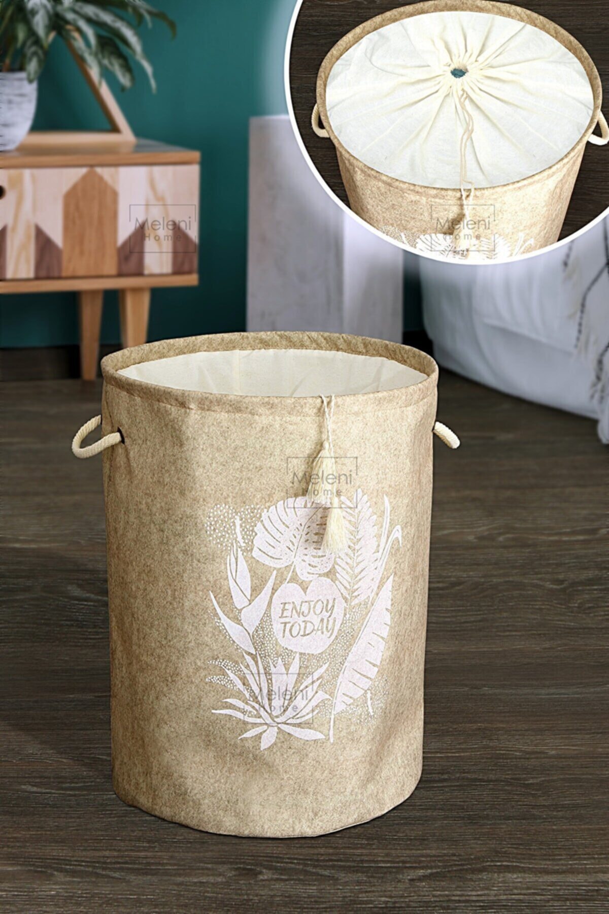 MorBebe Keçe Torbalı Yuvarlak Sepet - Çok Amaçlı Kirli Çamaşır Sepeti Organizer Hurç 50 X 35 Cm