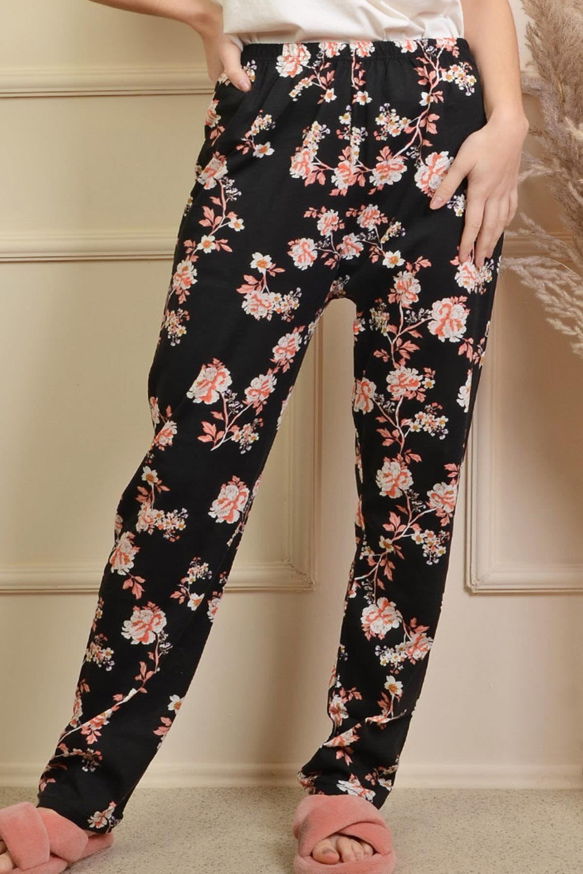 PİNKMARK Kadın Siyah Çiçekli Baskılı Lastikli Büyük Beden Pijama Altı Pmpt25453