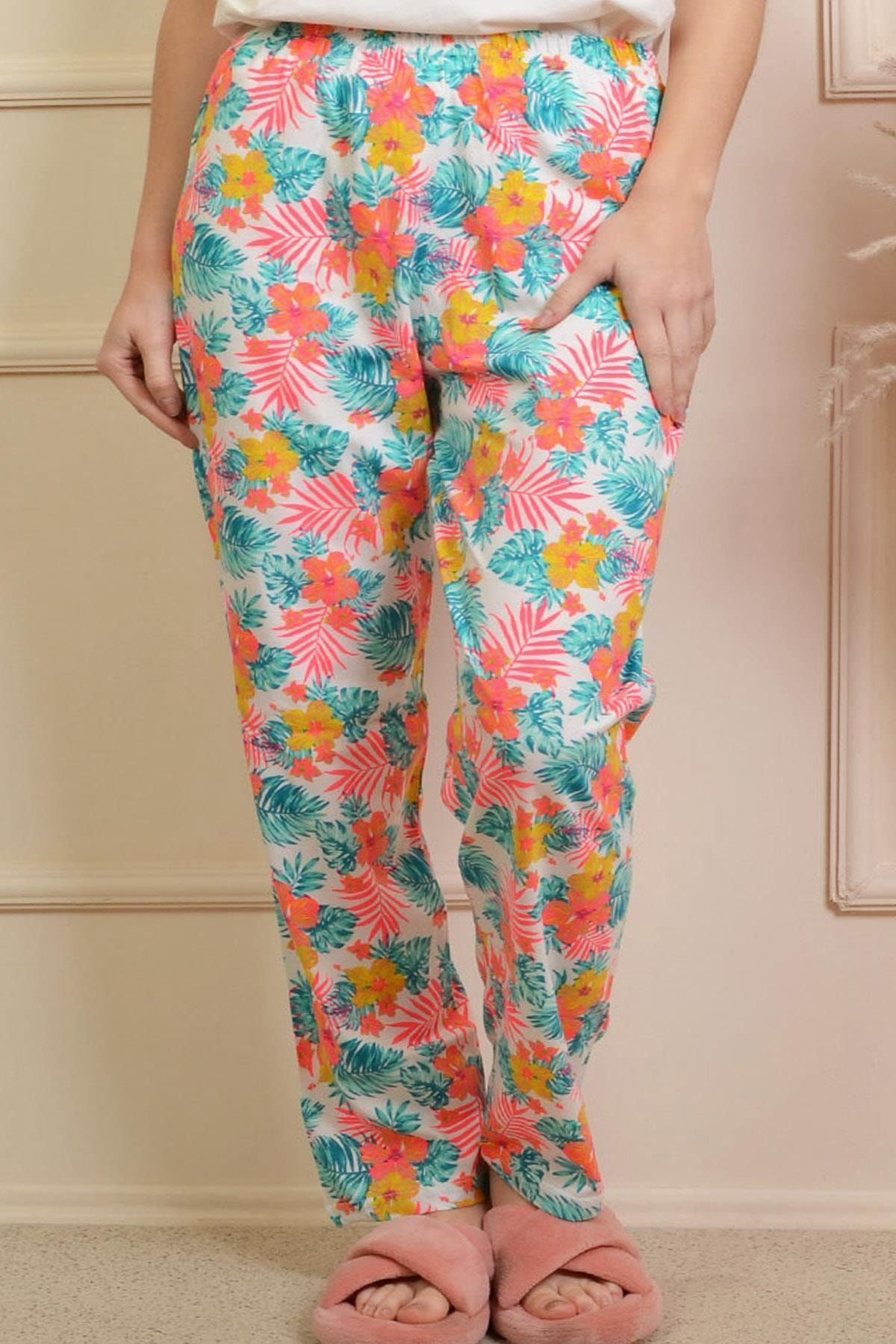 PİNKMARK Kadın Mınt Palmiye Baskılı Lastikli Büyük Beden Pijama Altı Pmpt25458