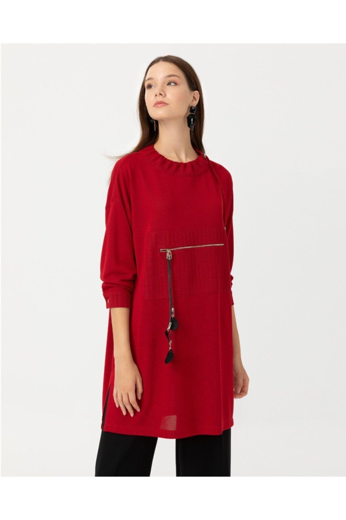 SEÇİL Fermuar Detaylı Örme Tunik - Bordo