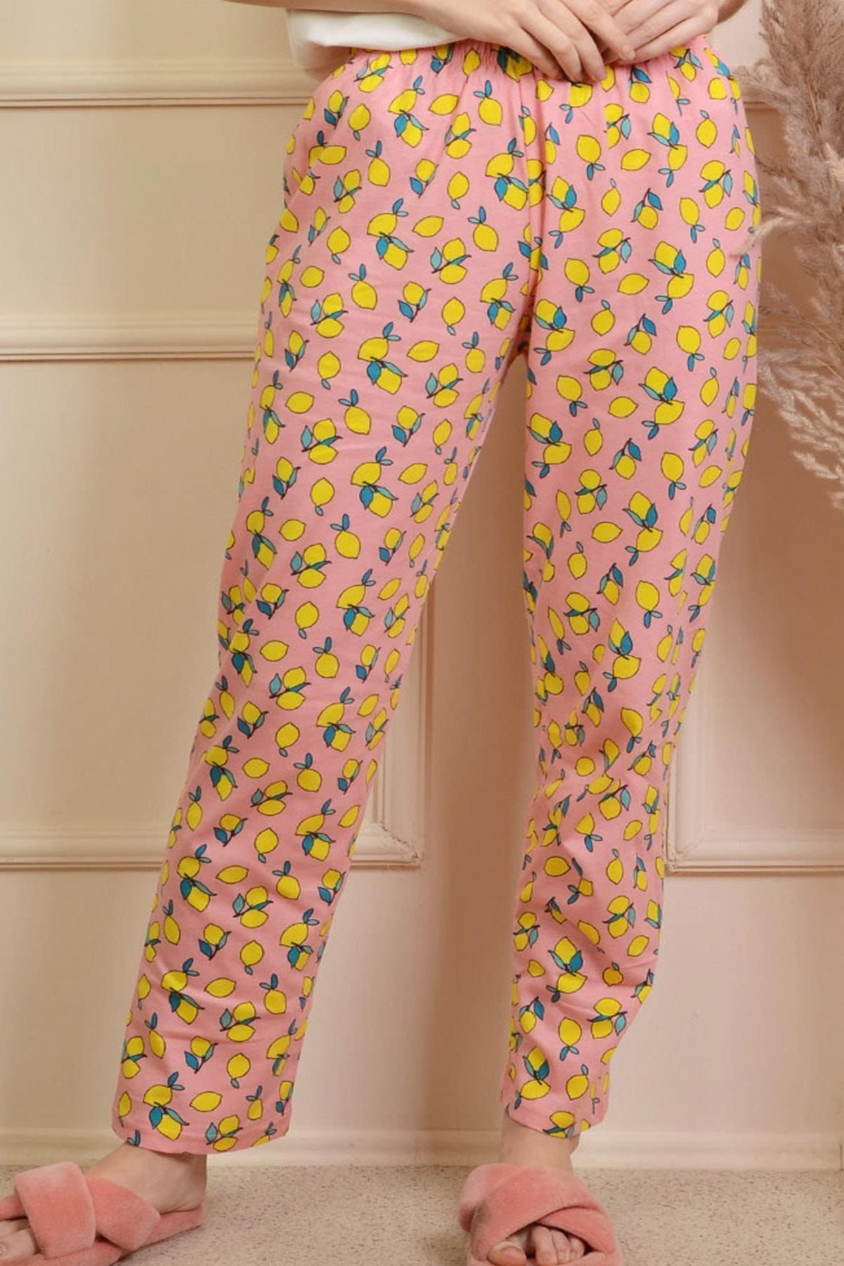 PİNKMARK Kadın Pudra Limon Baskılı Lastikli Büyük Beden Pijama Altı Pmpt25455