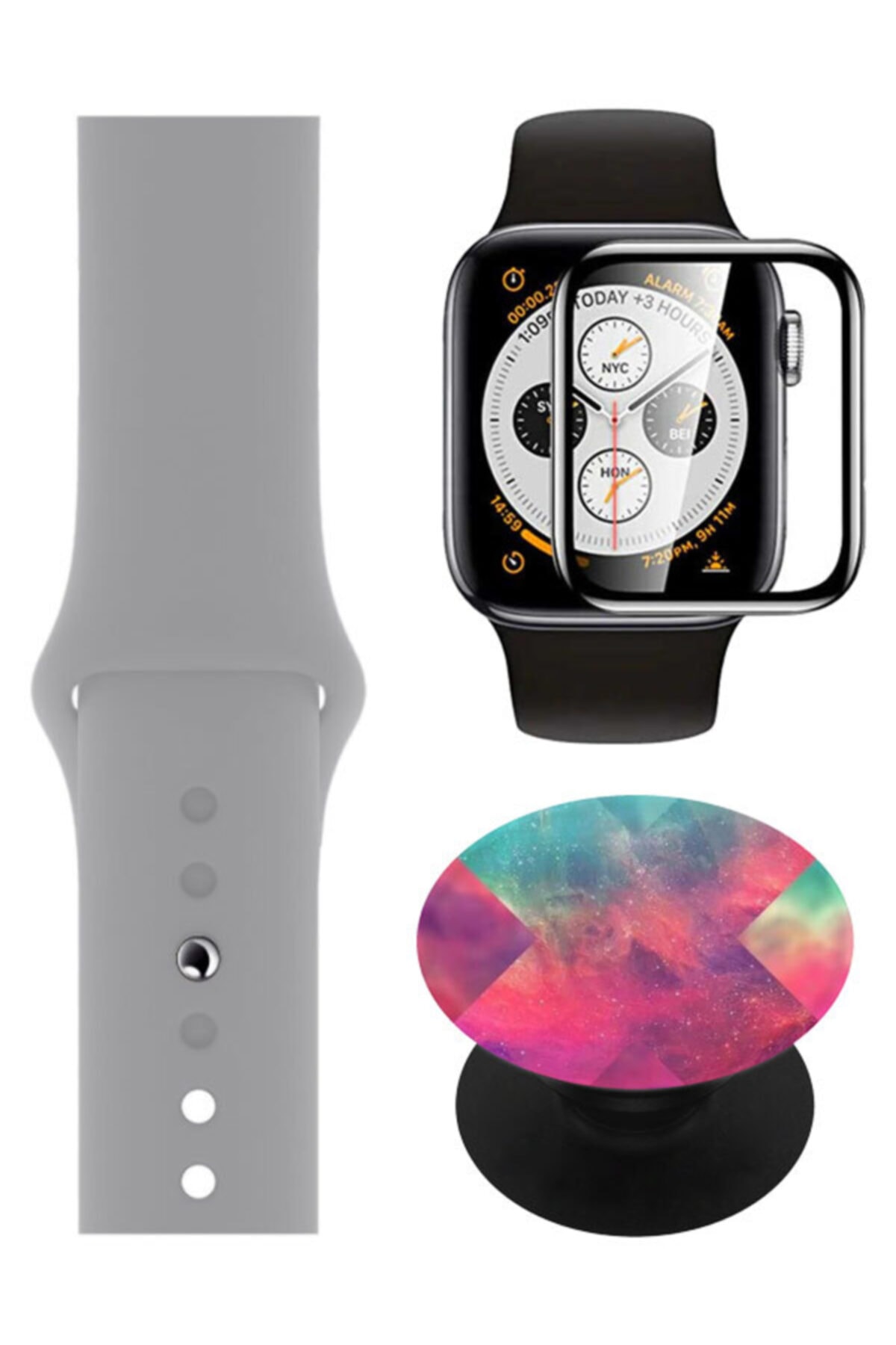 Apple Watch Series 7 Uyumlu 41 Mm Silikon Kordon Concrete + Ppma Ekran Koruyucu