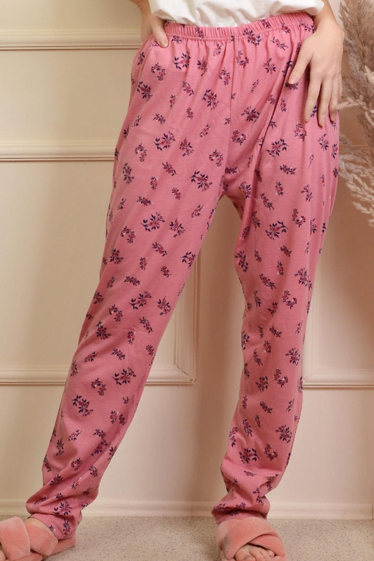 PİNKMARK Pınkmark Kadın Rose Çiçek Baskılı Lastikli Büyük Beden Pijama Altı Pmpt25456
