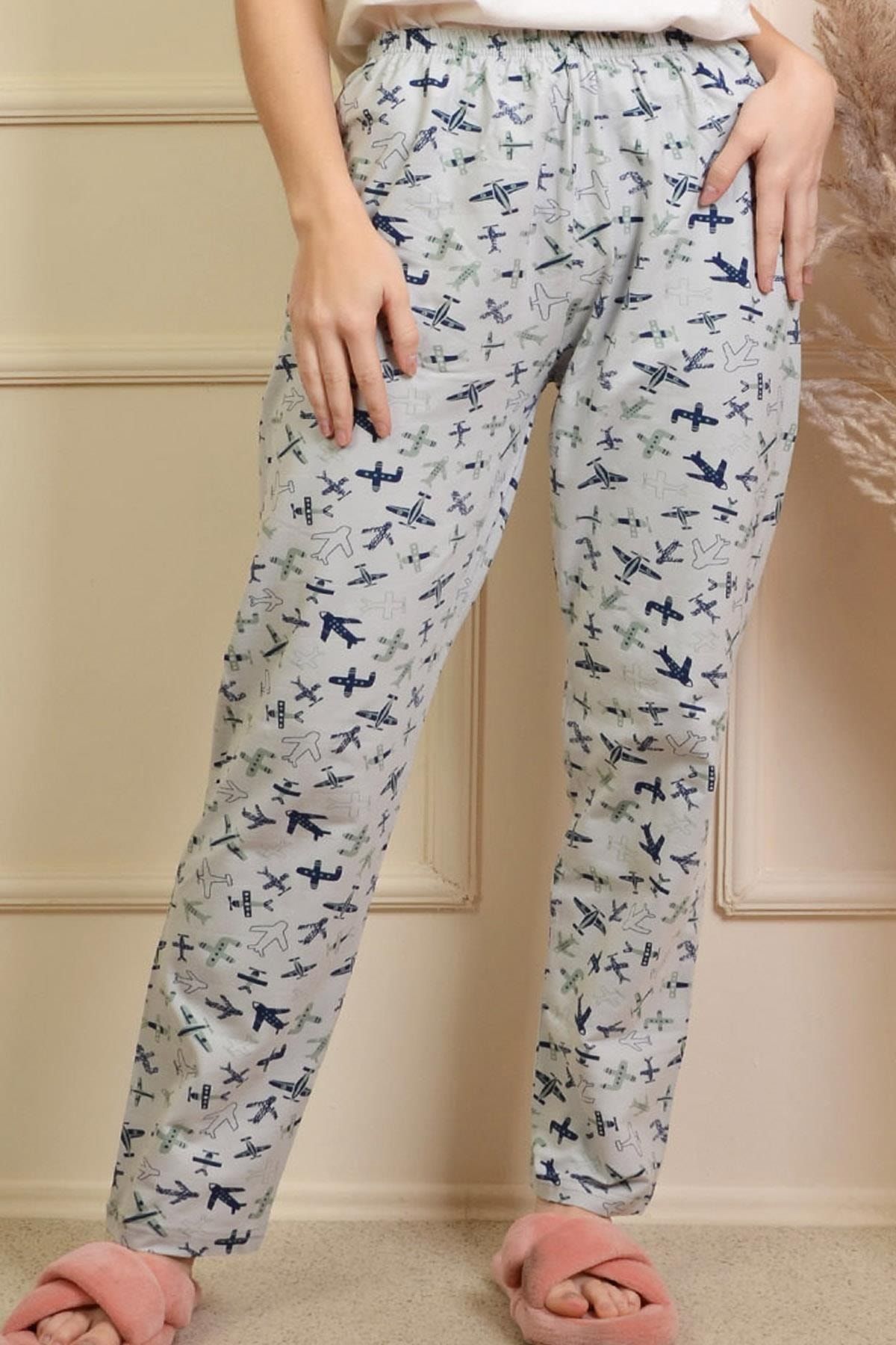 PİNKMARK Pınkmark Kadın Mavi Uçak Baskılı Lastikli Büyük Beden Pijama Altı Pmpt25460