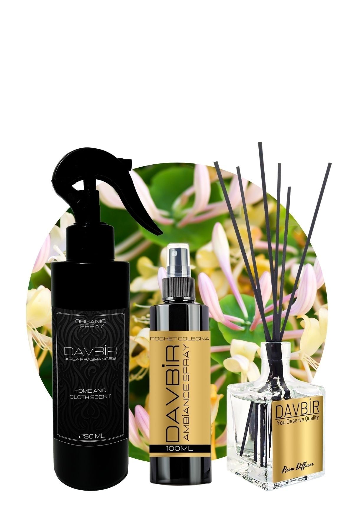 Davbir Hanımeli Oda Parfümü 3’lü Set 250ml Oda Ve Kumaş Spreyi 50 ml Bambu 100 ml Kolonya
