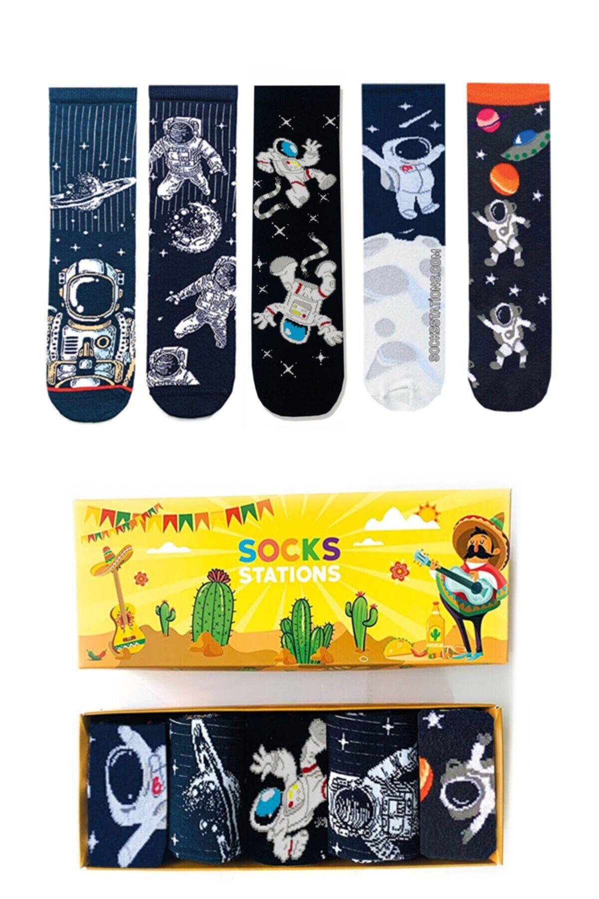 Socks Stations Unisex Renkli 5'li Uzay Ve Astronot Renkli Desenli Çorap Kutusu