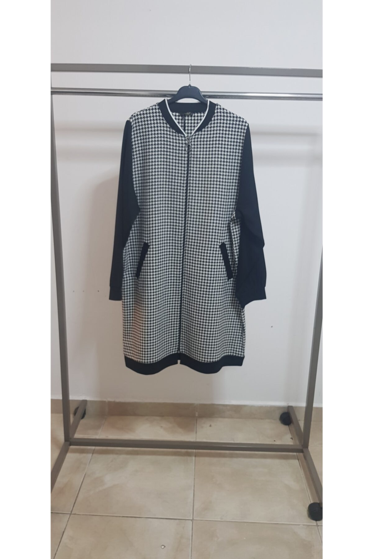 Elele Kadın Tesettür Kaz Ayağı Desen Çift Iplik Triko Fermuarlı Hırka