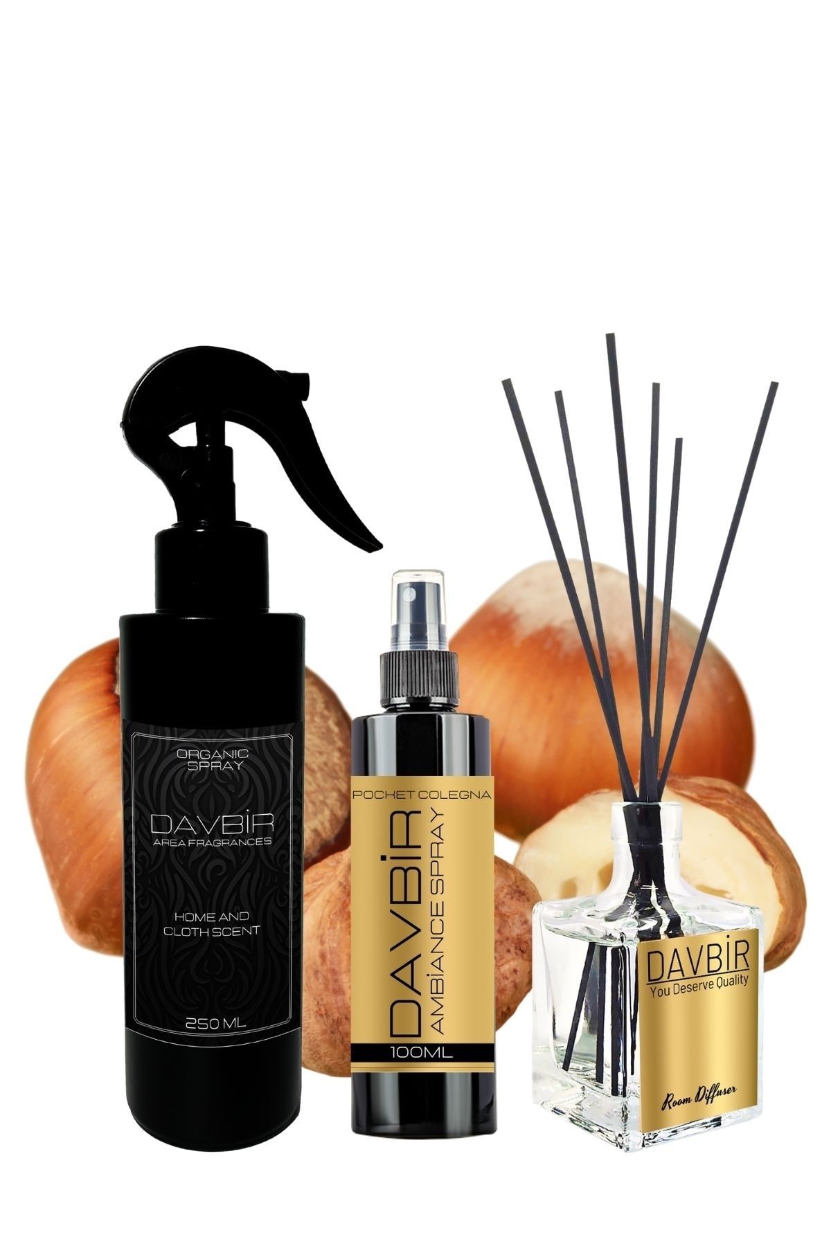 Davbir Fındık Oda Parfümü 3’lü Set 250ml Oda Ve Kumaş Spreyi, 50 Ml Bambu, 100 Ml Kolonya