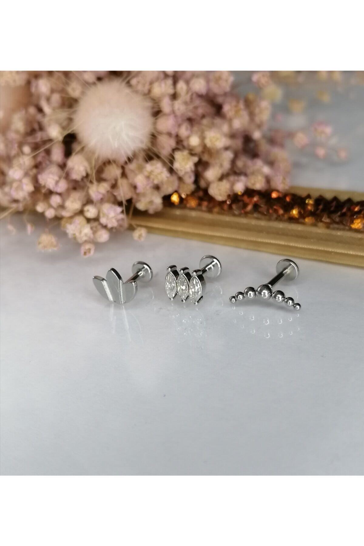 TAKIDAN Zirkon Taşlı Toplu Ve Sembollü Üçlü Kombin Cerrahi Çelik Kıkırdak Tragus Piercing Küpe 6mm