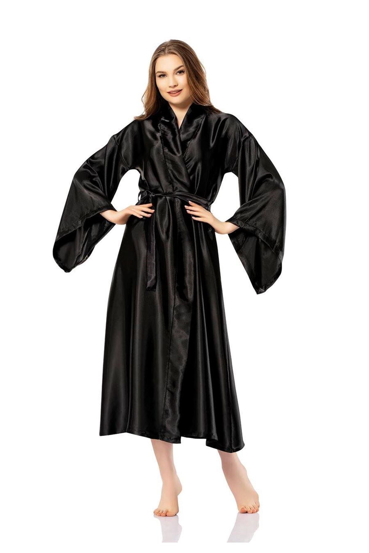 Vip Madame Asya Düz Saten Kimono Sabahlık