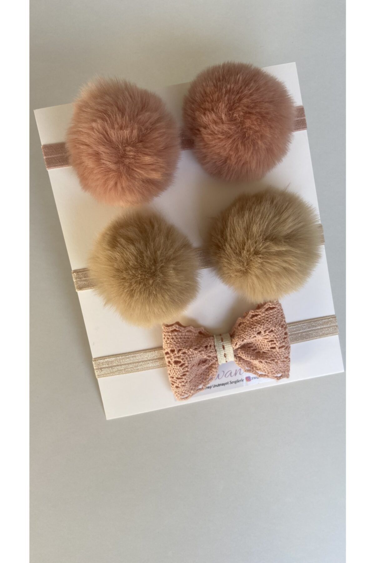 swan butik Kız Bebek Çocuk Ponpon Bandana Bant Seti Şeftali , Beyaz Somon Dantel