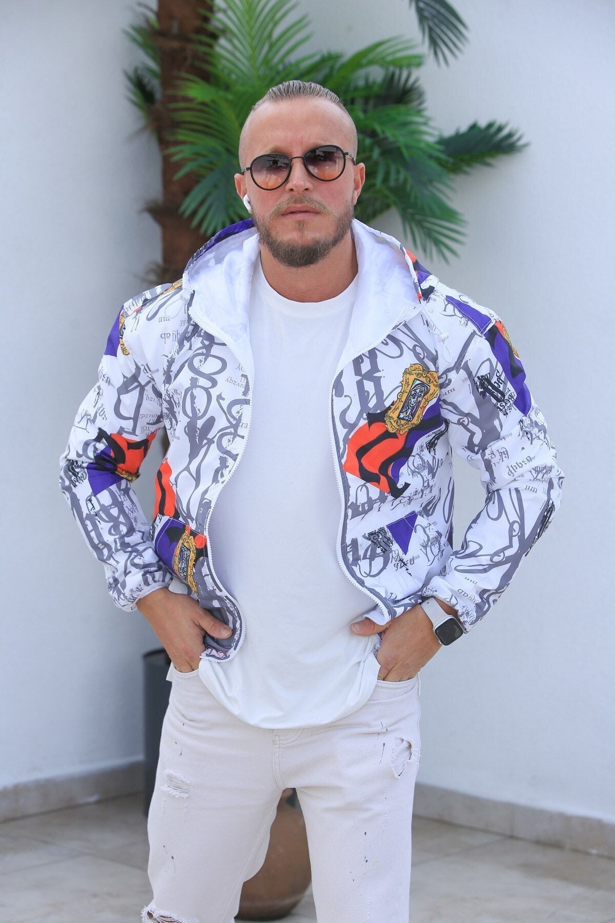 Karpefingo Erkek Eteği Biyeli Desenli Mor Sarı Yağmurluk