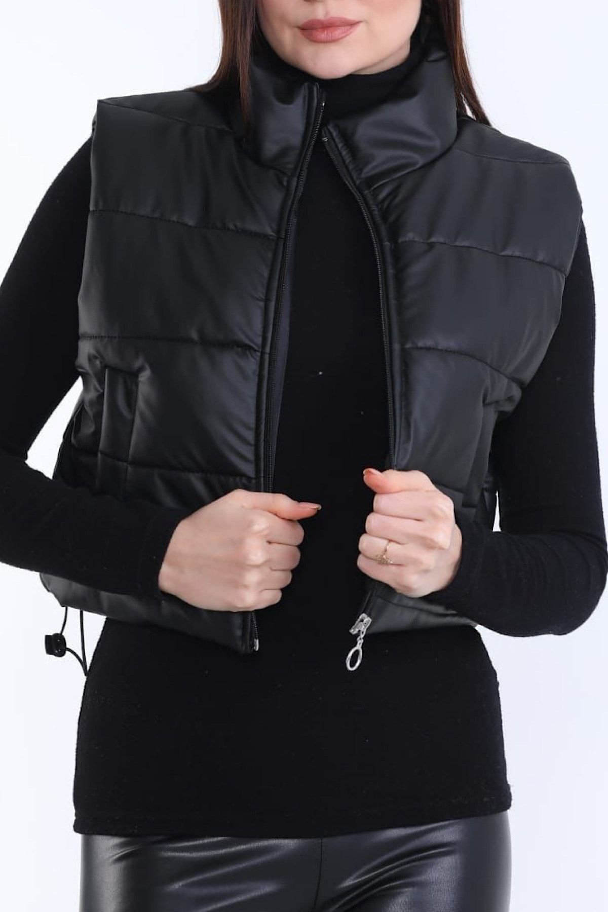 ANONCE STUDIO Vegan Deri Şişme Mont Ceket Crop Kısa