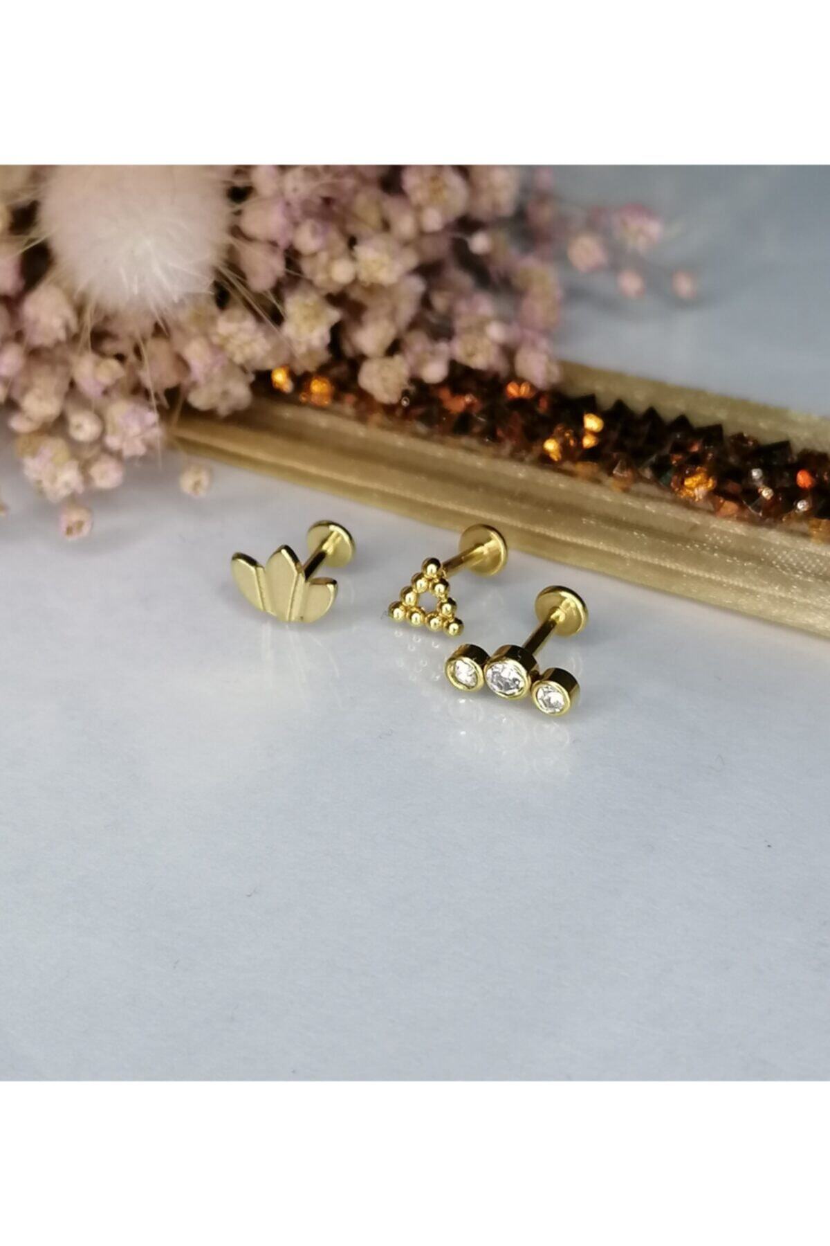 TAKIDAN Sembollü, Üçgen, Zirkon Üç Taşlı Üçlü Kombin Cerrahi Çelik Kıkırdak Tragus Piercing Küpe 6mm
