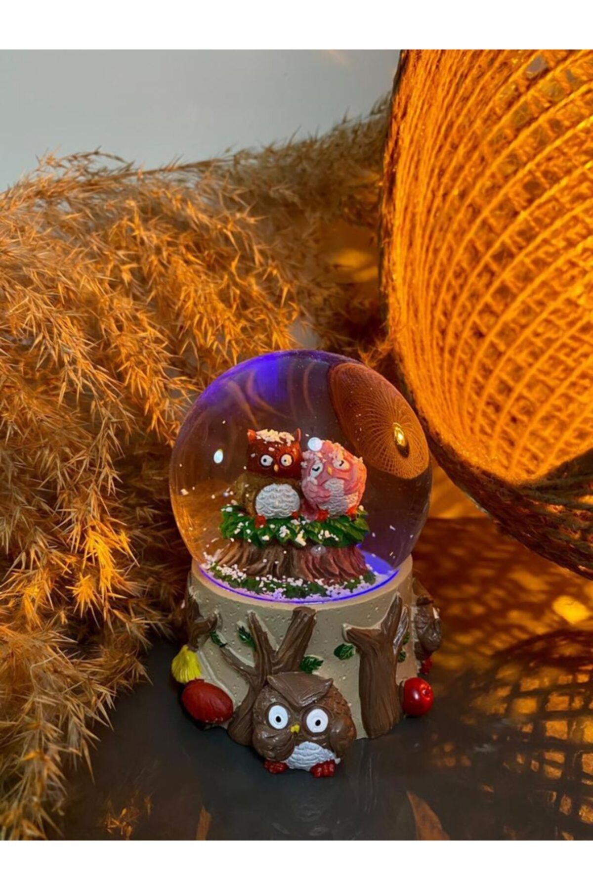 rk tasarım Özel Tasarım Tatlış Baykuşlar Temalı Orta Boy Işıklı Kar Küresi Arkadaşa Sevgiliye Hediye