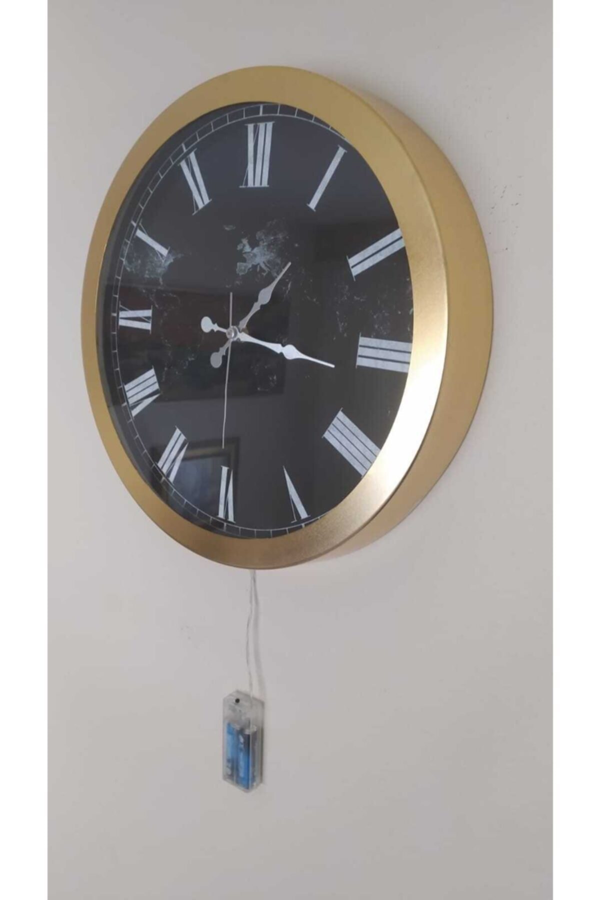 Bahat Ledli Işıklı Altın Varaklı Krom Çerçeveli Salon Ofis Duvar Saati Gece Lambası 35 Cm