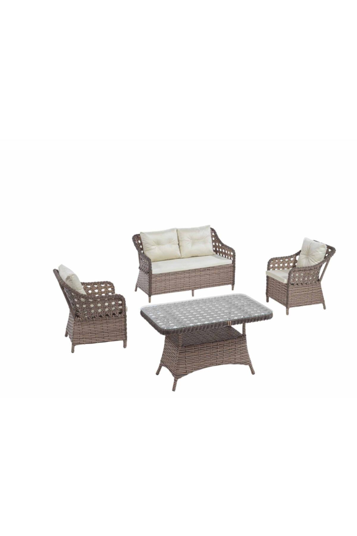 OckGarden's Alba Örgü Rattan Bahçe Balkon 2'li Kanepe 2 Tekli 1 Yüksek Sehpa 4 Parça Keyif Seti Luna2