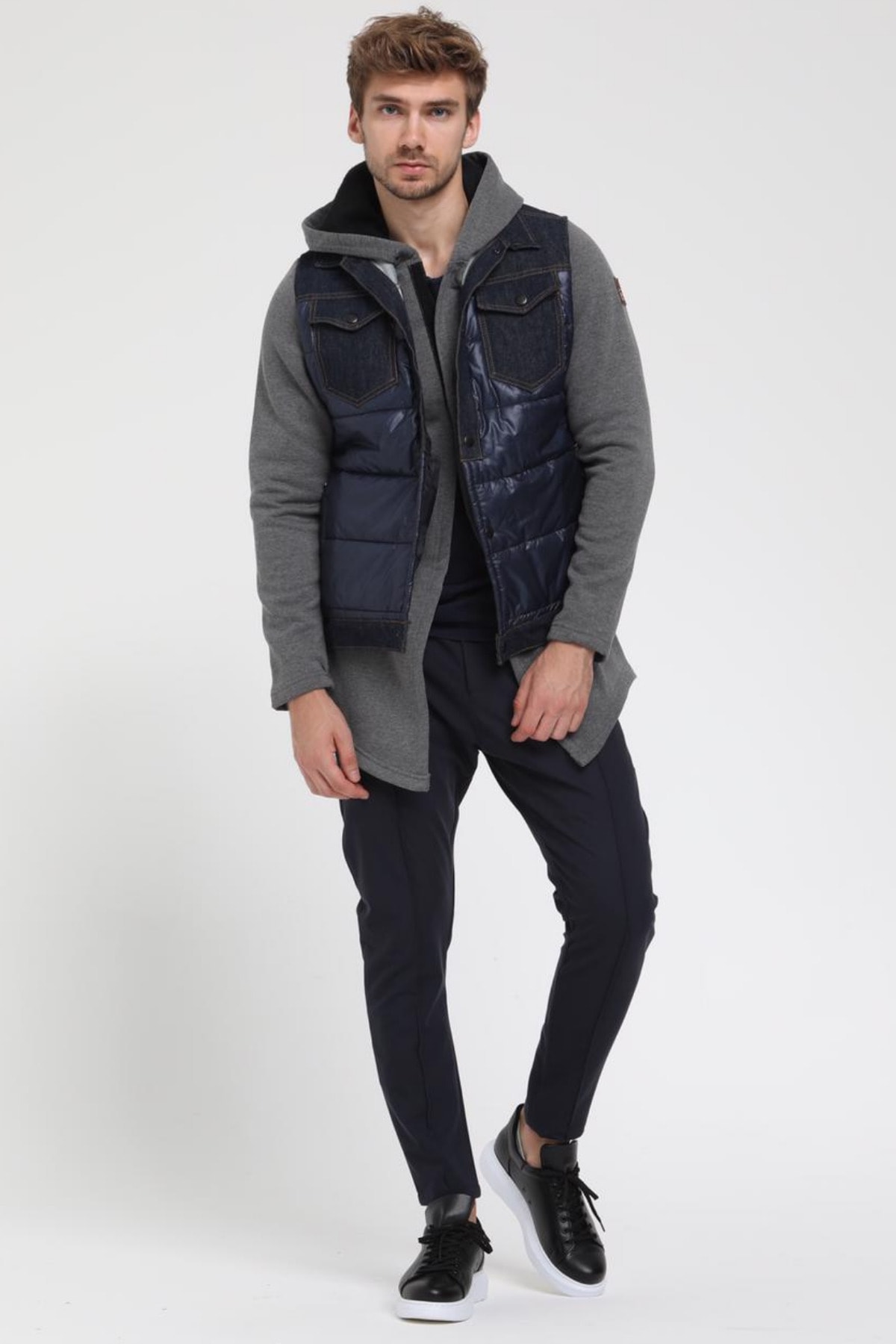 OPENJNS Gri Kot Unisex Regular Çift Kat Görünümlü Paraşüt Kumaş Detay Kot Mont