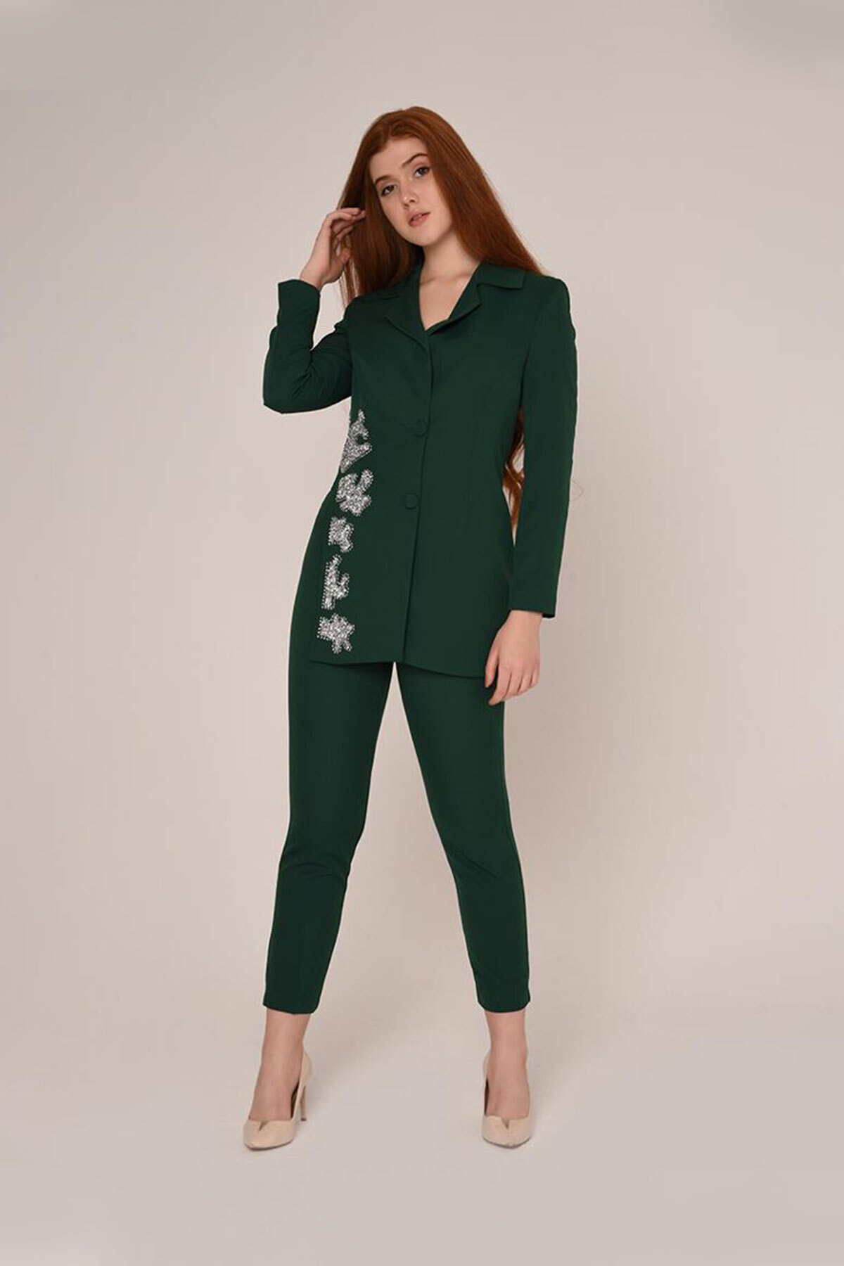 Queenlifedesigner Pantolon Ceket Zümrüt Yeşili Takım