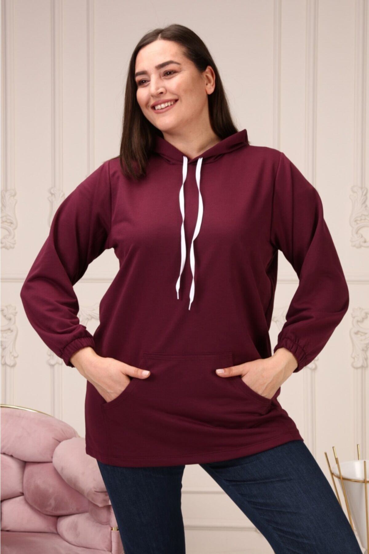 EMEZ Kadın Büyük Beden Mürdüm Kapşonlu Sweatshirt