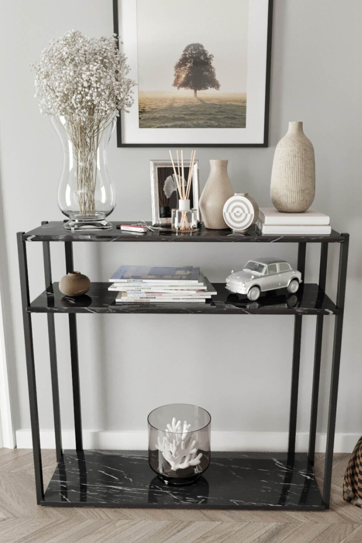 Else Halı Else Siyah Mdf Ahşap 3 Bölmeli Raflı Dekoratif Modern Raflı Dresuar