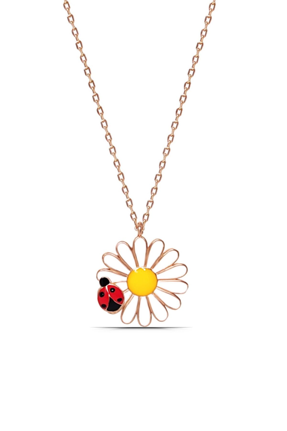 Parmas Design Gümüş Papatya Ve Uğur Böceği Mineli Rose 925 Ayar Kadın Kolye