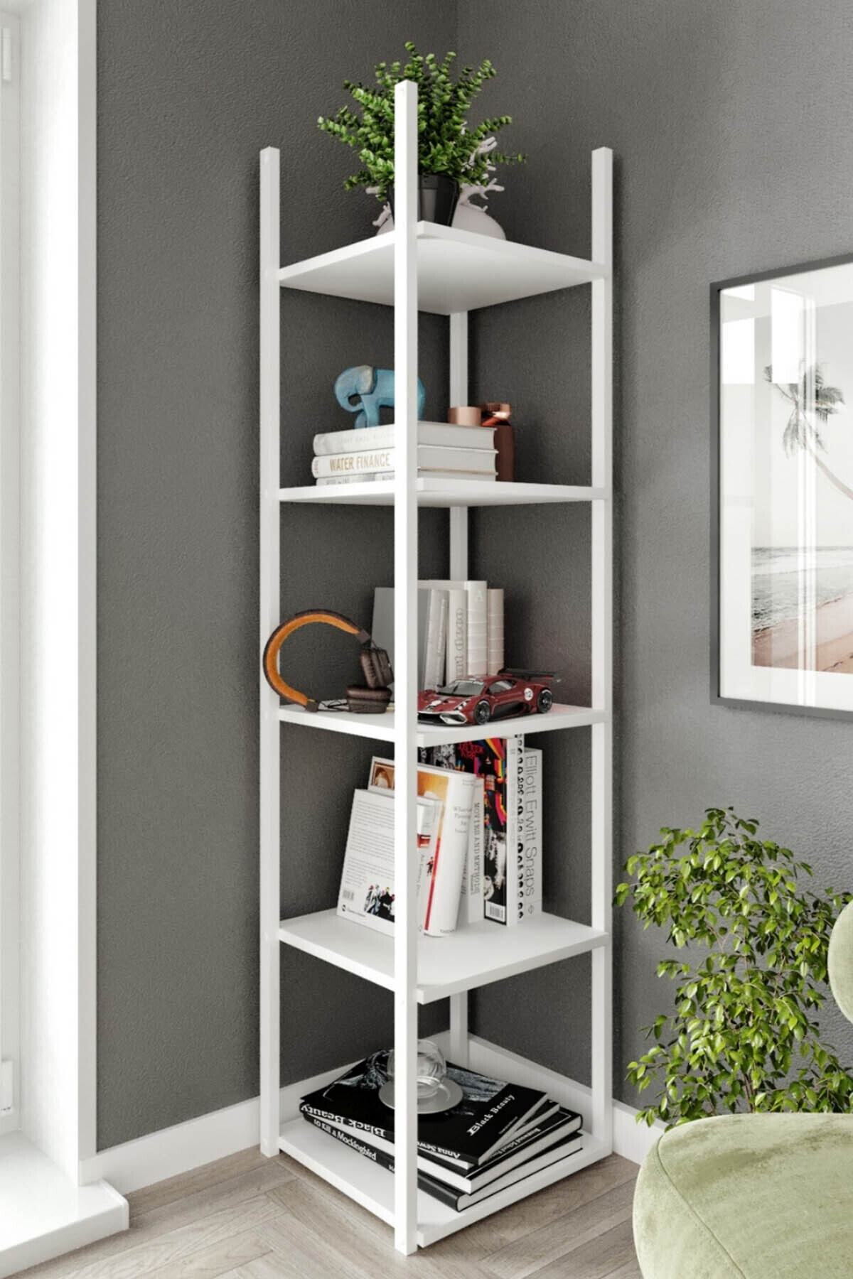 Else Halı Else Beyaz 5 Bölmeli Modern Ahşap Mdf Kitaplık Dosya Kitap Çok Amaçlı Köşe Rafı