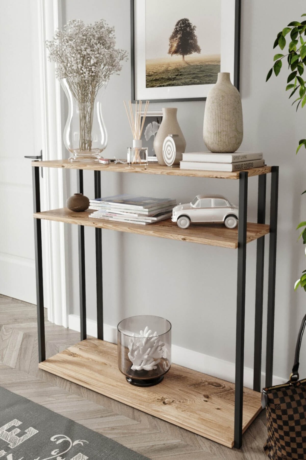 Osso Halı Kahve Mdf Ahşap 3 Bölmeli Raflı Dekoratif Modern Raflı Dresuar