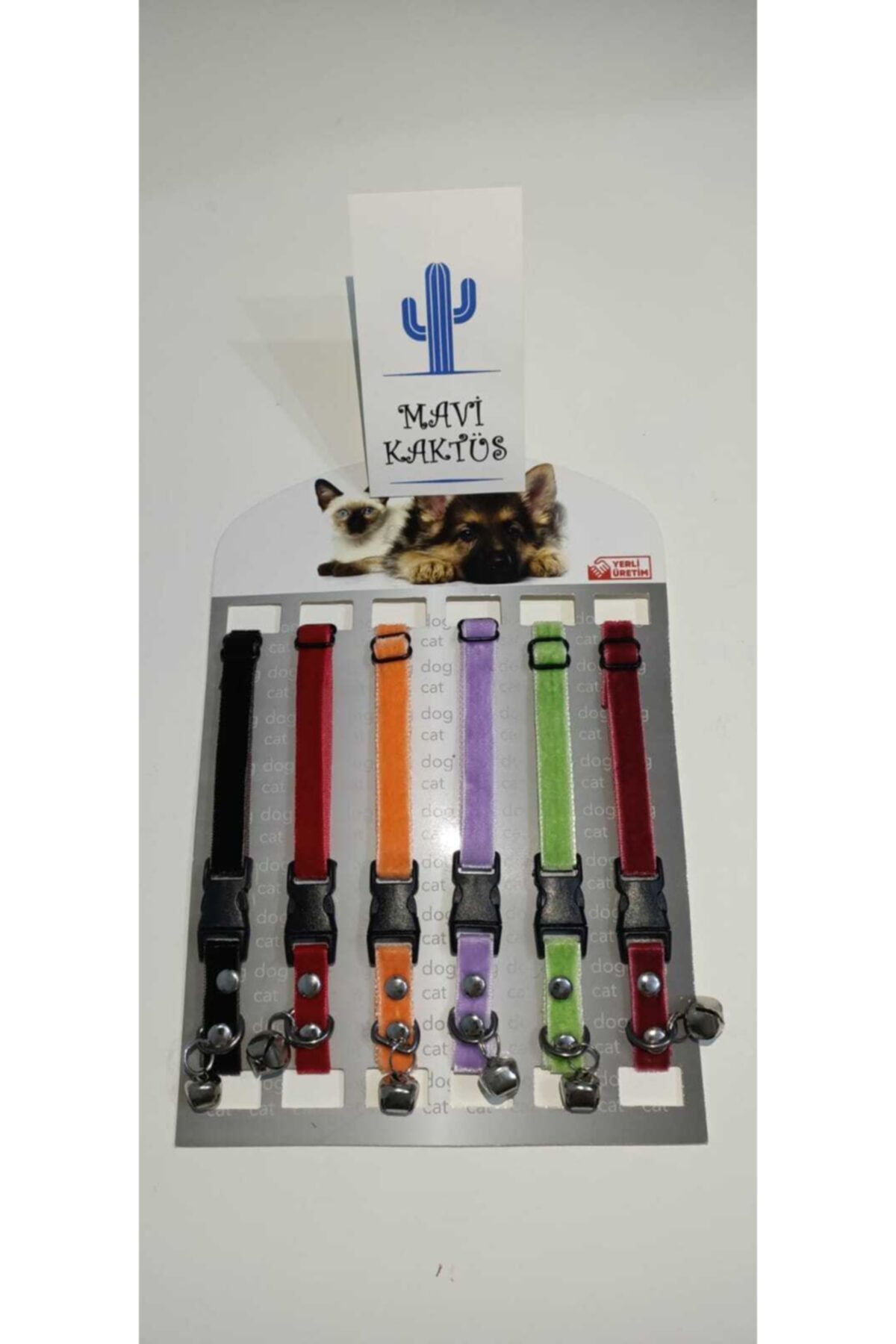 Mavi Kaktüs Zilli Ayarlanabilir Kedi Tasması Çoklu Paket 6'lı Paket Kadife