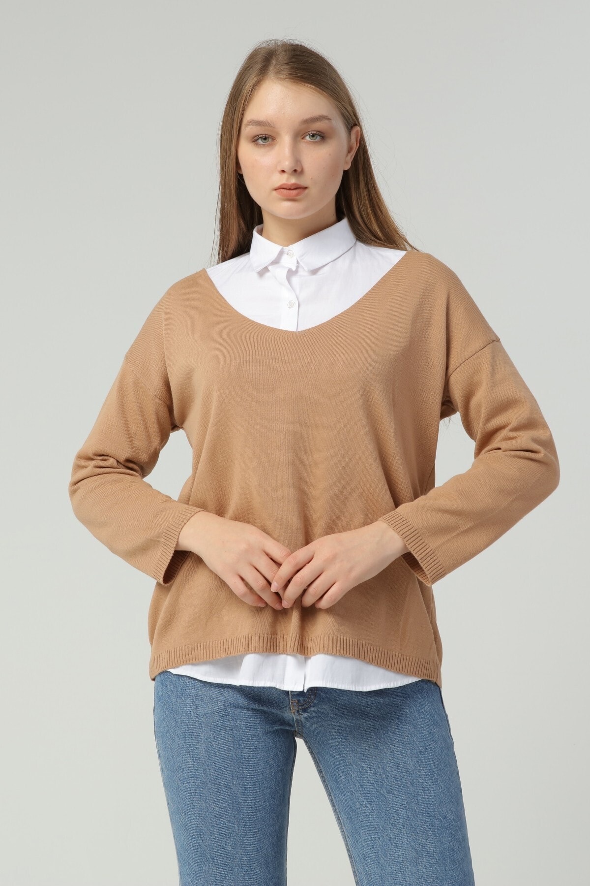 Moda Çizgi Camel Triko Kadın Kazak