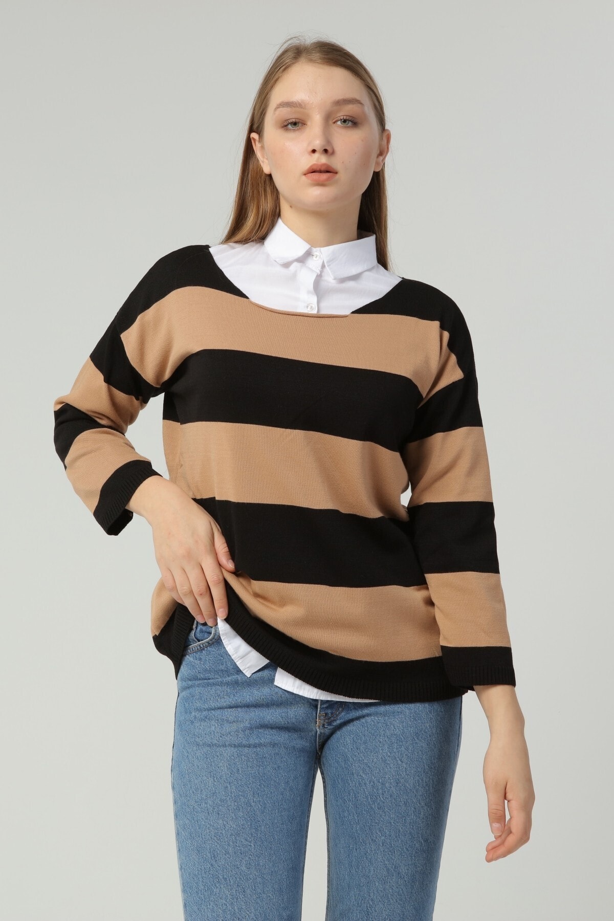 Moda Çizgi Camel Siyah Triko Kadın Kazak