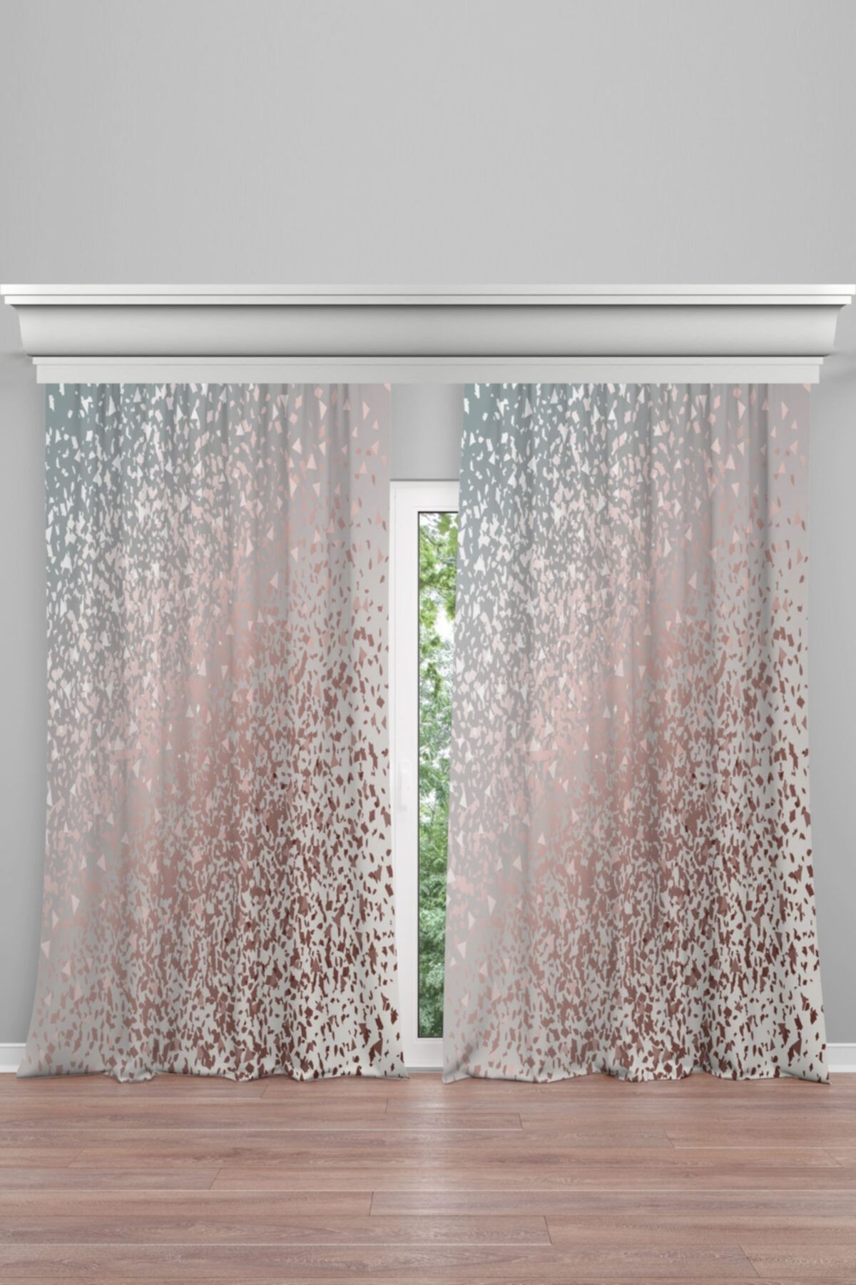 Ysahome Koyu Gri Zeminde Renkli Üçgen Desenli Dekoratif (ÇİFT KANAT 280X260) Fon Perde