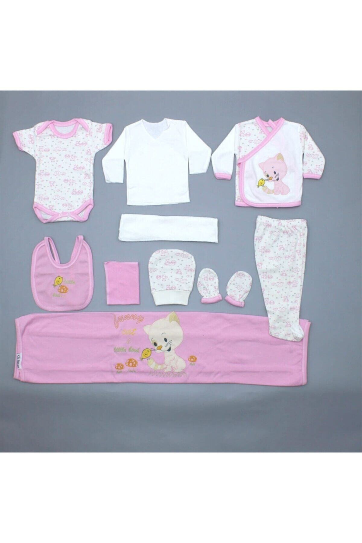 ÖZLEM BEBE Pembe Kedili Bebek 10 Lu Hastane Çıkışı Seti K1549