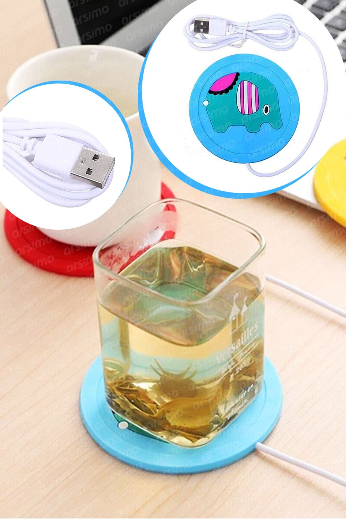 Arsimo Silikon Bardak Altlığı Isıtıcısı Usb Kablolu Sevimli Hayvanlar Figürlü Fil Mavi