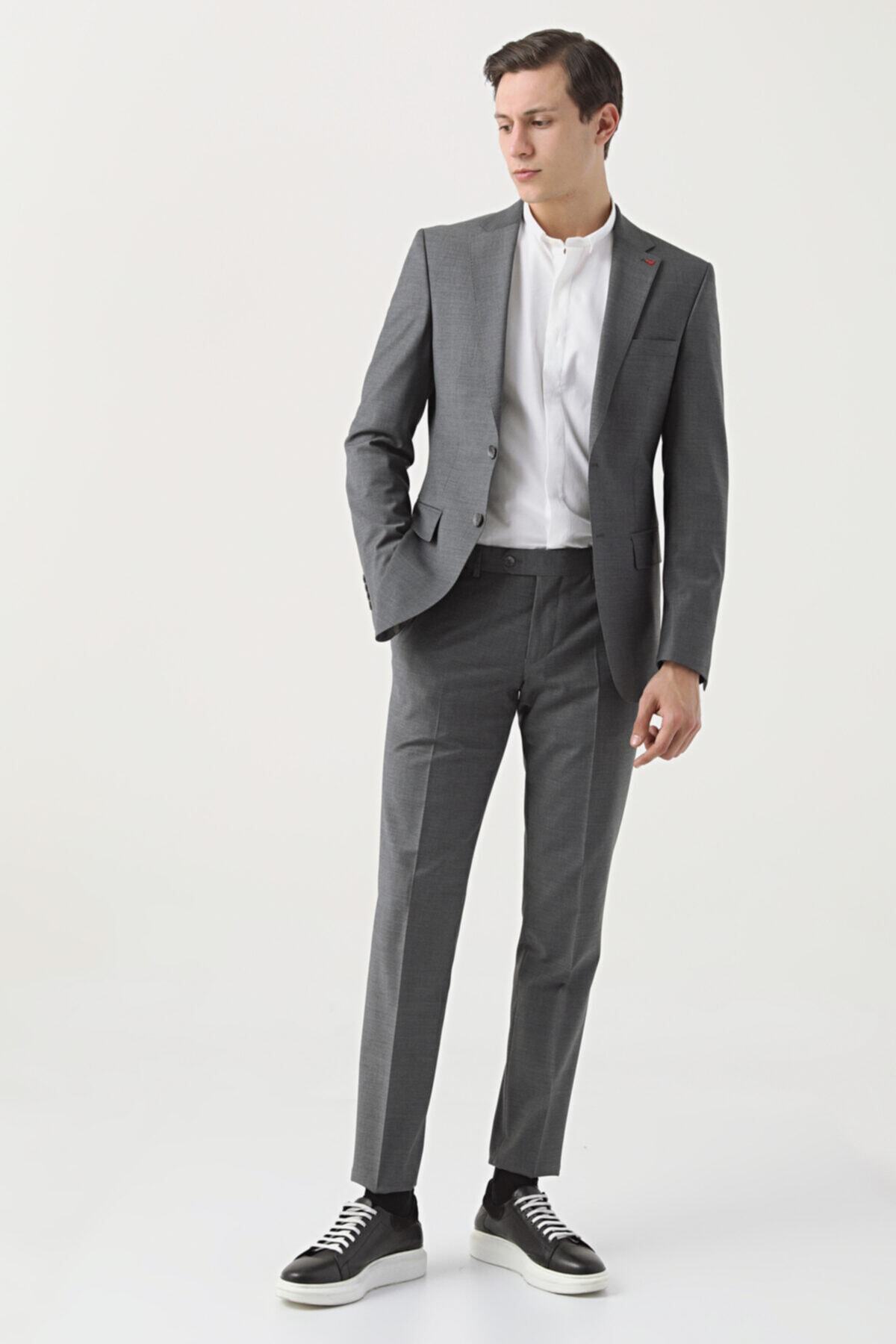 D'S Damat Regular Fit Gri Düz Travel Takım Elbise