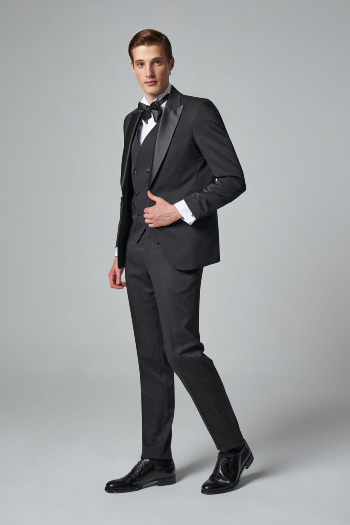D'S Damat Slim Fit Siyah Armürlü Smokin Yelekli Takım Elbise