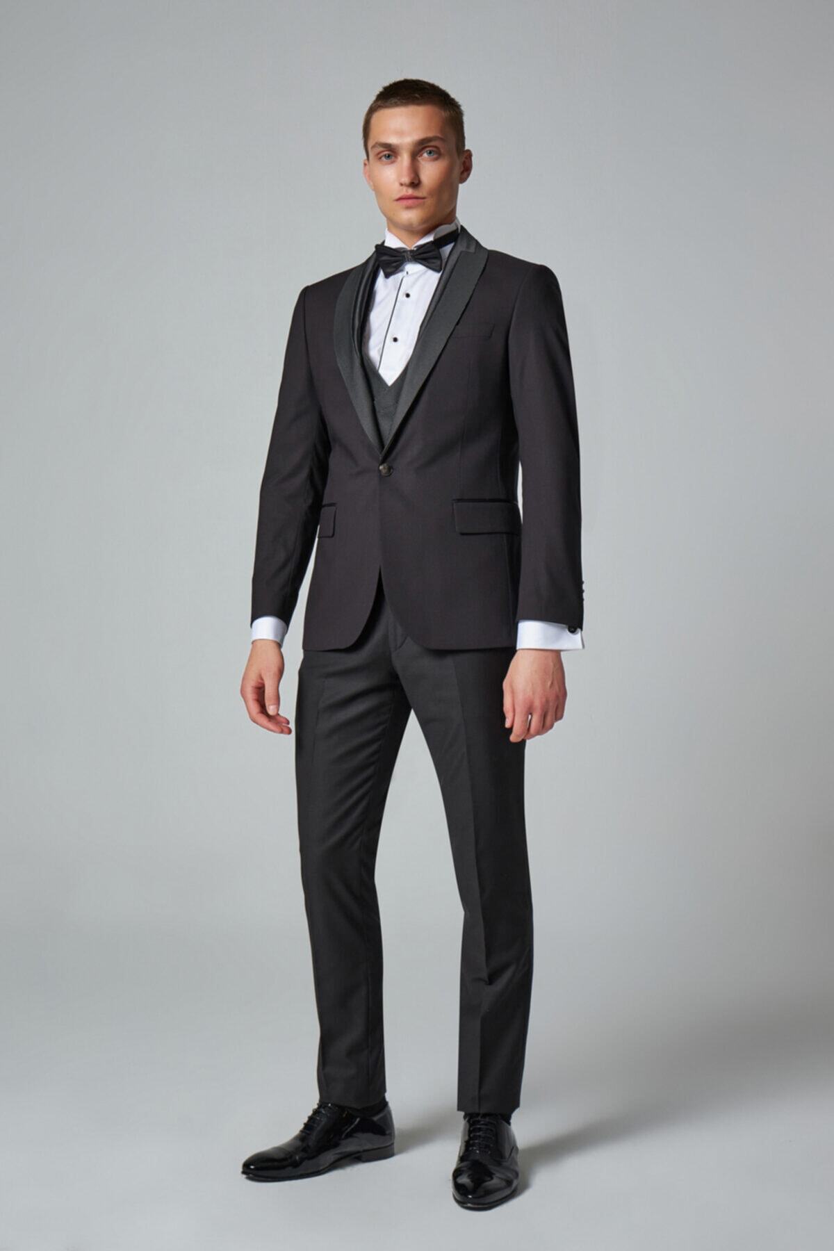 D'S Damat Slim Fit Siyah Düz Smokin Yelekli Takım Elbise