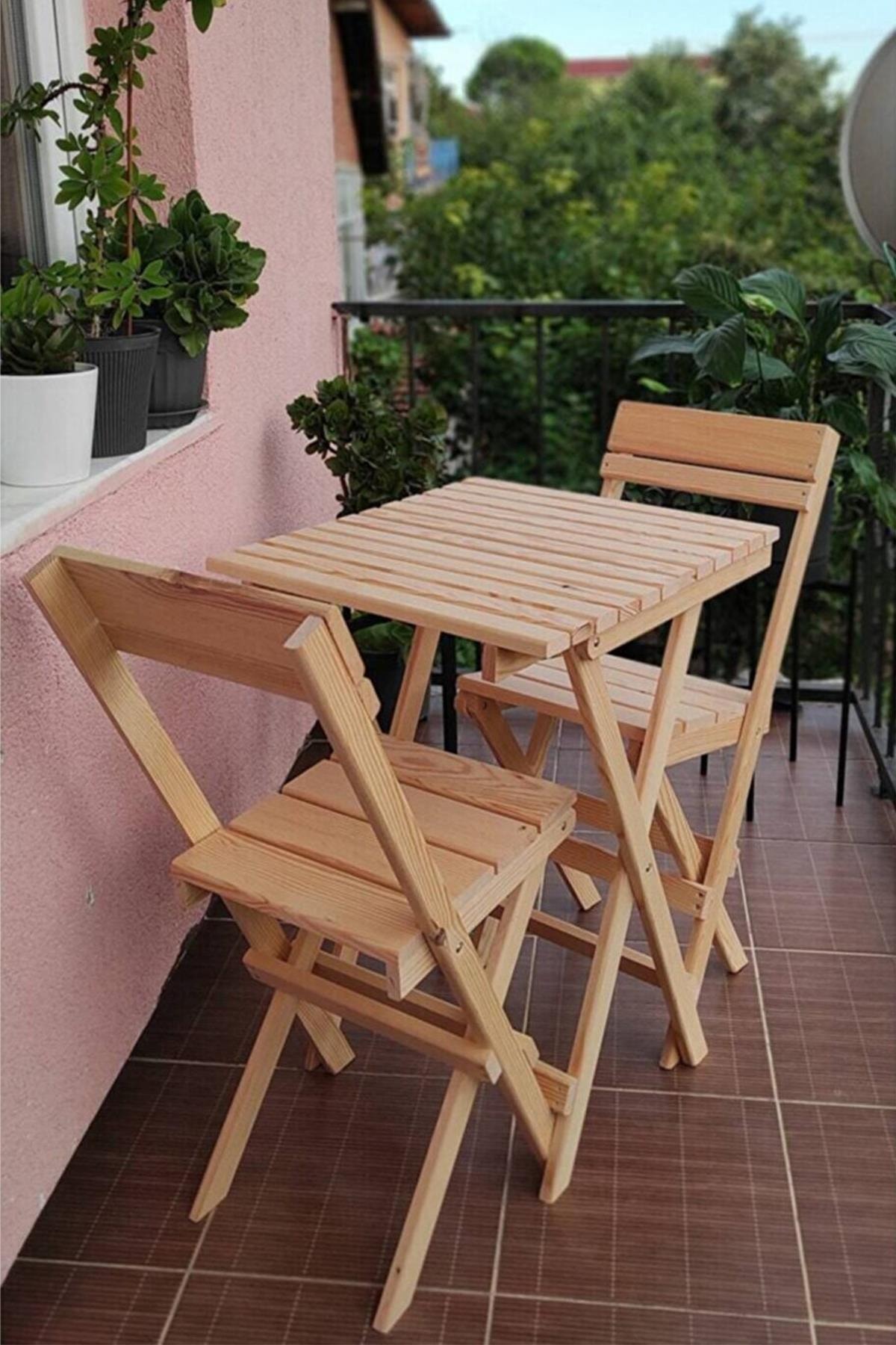 Fupe Shop Nurdan Ahşap Katlanabilir Bahçe Balkon Kamp Masa Seti 55 x 55 x 70