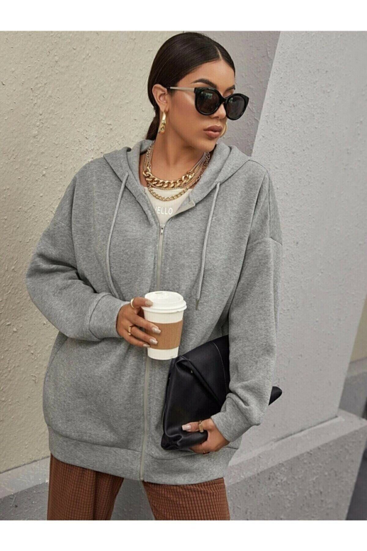 MERKÜL Kadın Gri Üç İplik Fermuarlı Sweatshirt