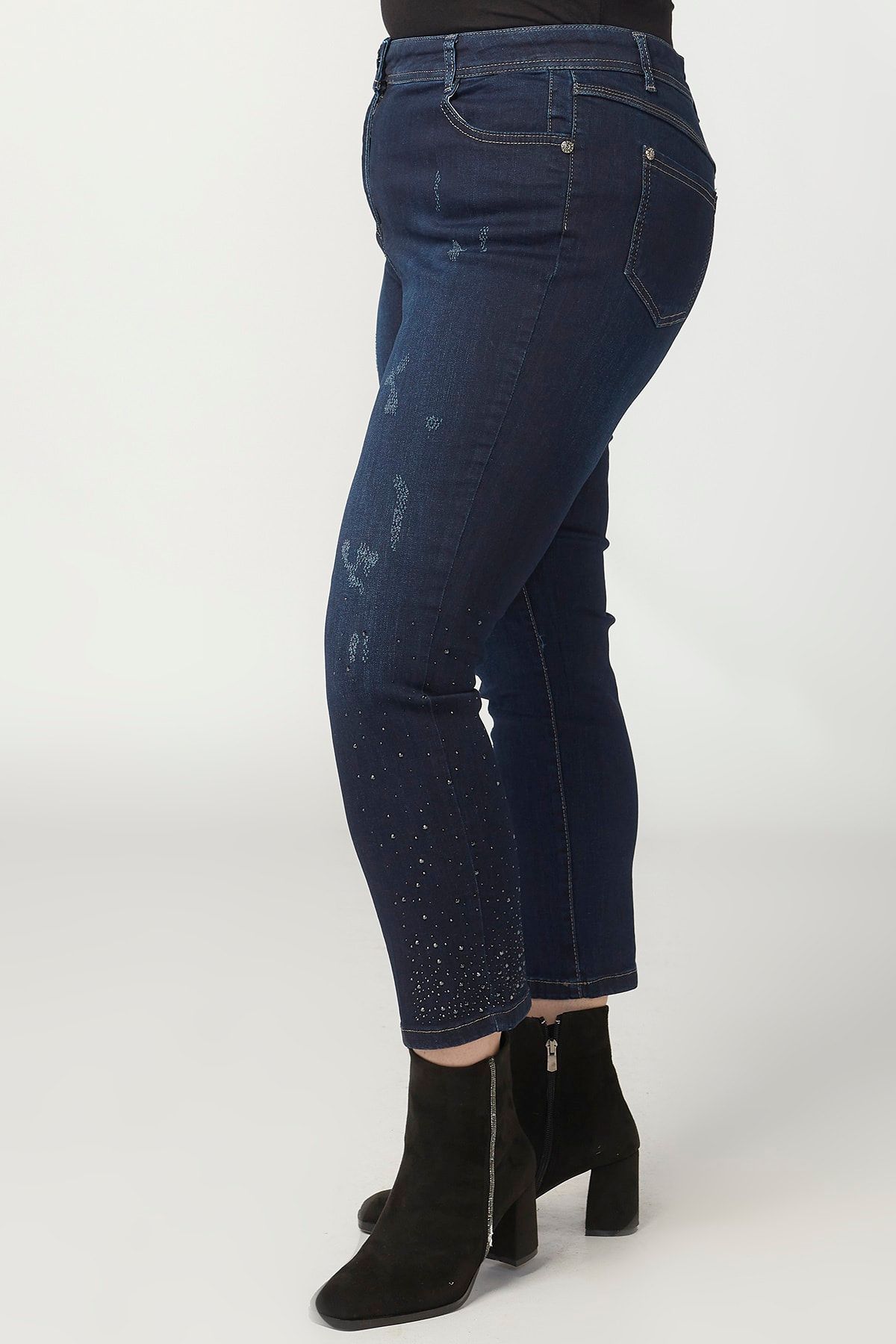 Moda Alba Lacivert Yüksek Bel Likralı Toparlayıcı Paça Taşlı Büyük Beden Kot Pantalon