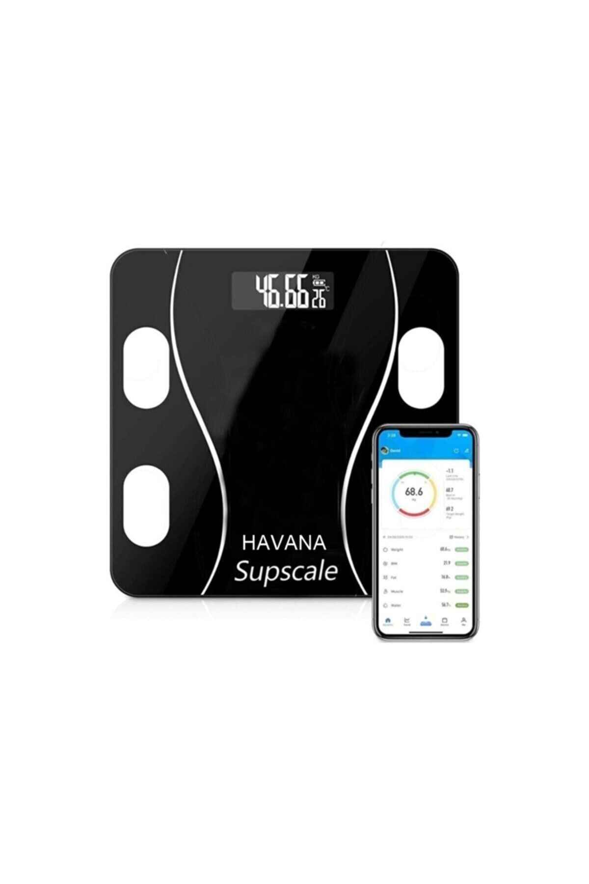 Havana Şarjlı Dijital Baskül Yağ Su Kas Vücut Kitle Endeksi Kilo Ölçer Tartı Siyah