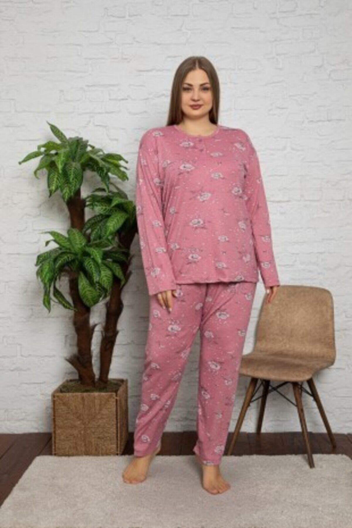 MİRELLA Kadın Gül Kurusu Çiçek Desenli Uzun Kollu Mevsimlik Viskon Kumaş Büyük Beden Pijama Takımı