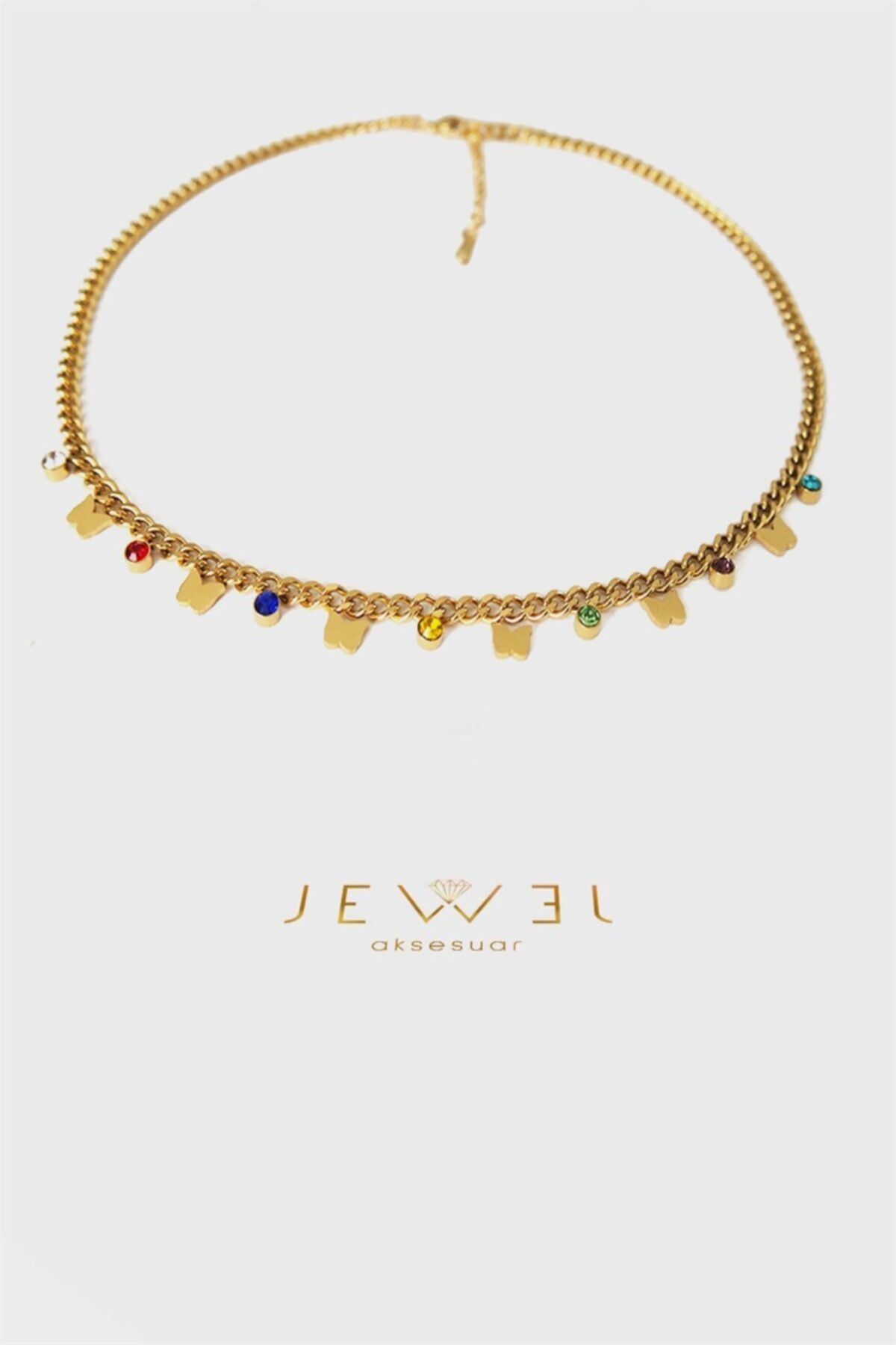 Jewel Renkli Taşlı Kelebek Gold Altın Kaplama Kolye