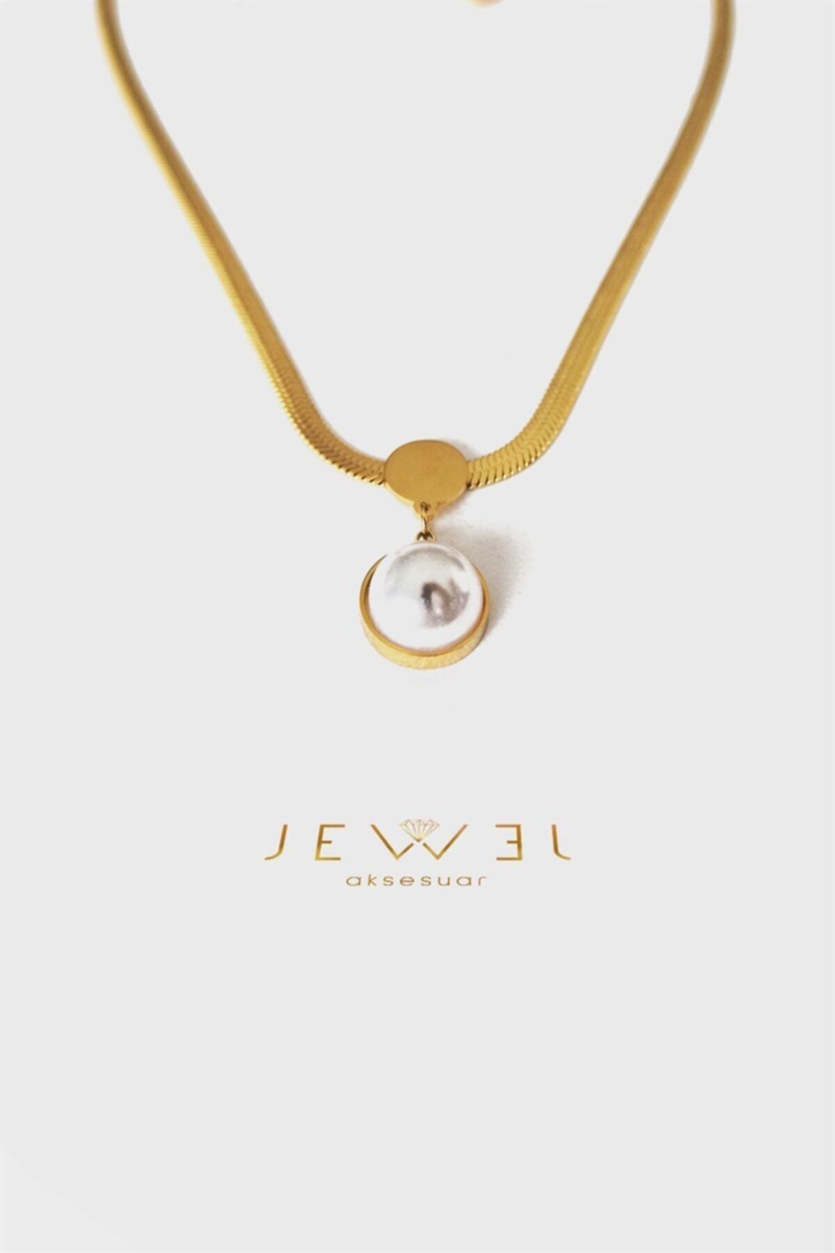 Jewel Italyan Zincirli Büyük Inci Gold Altın Kaplama Kolye