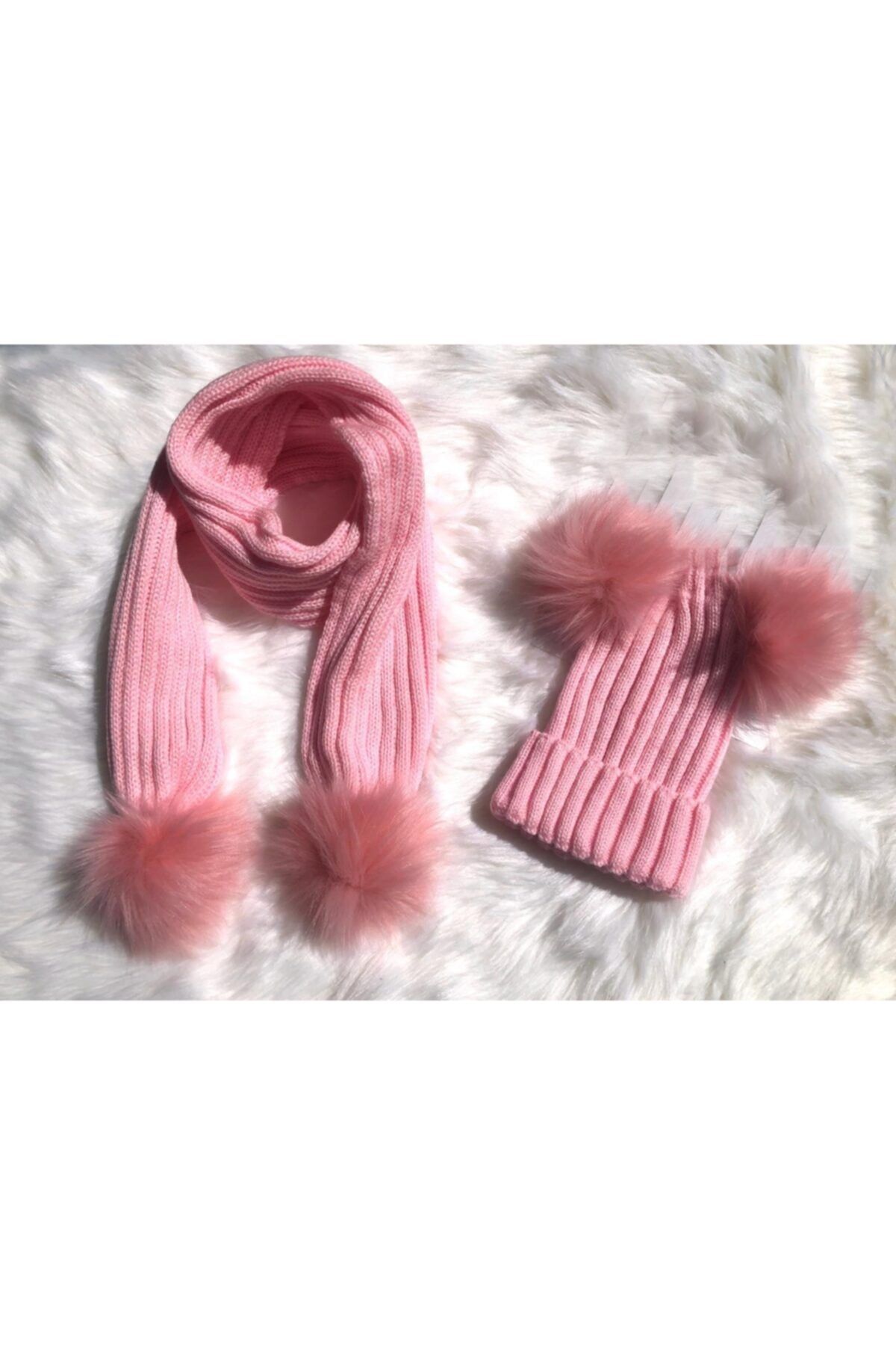 BERİTBUTİK Kız Çocuk Pembe Triko Ponponlu Atkı Bere Takımı