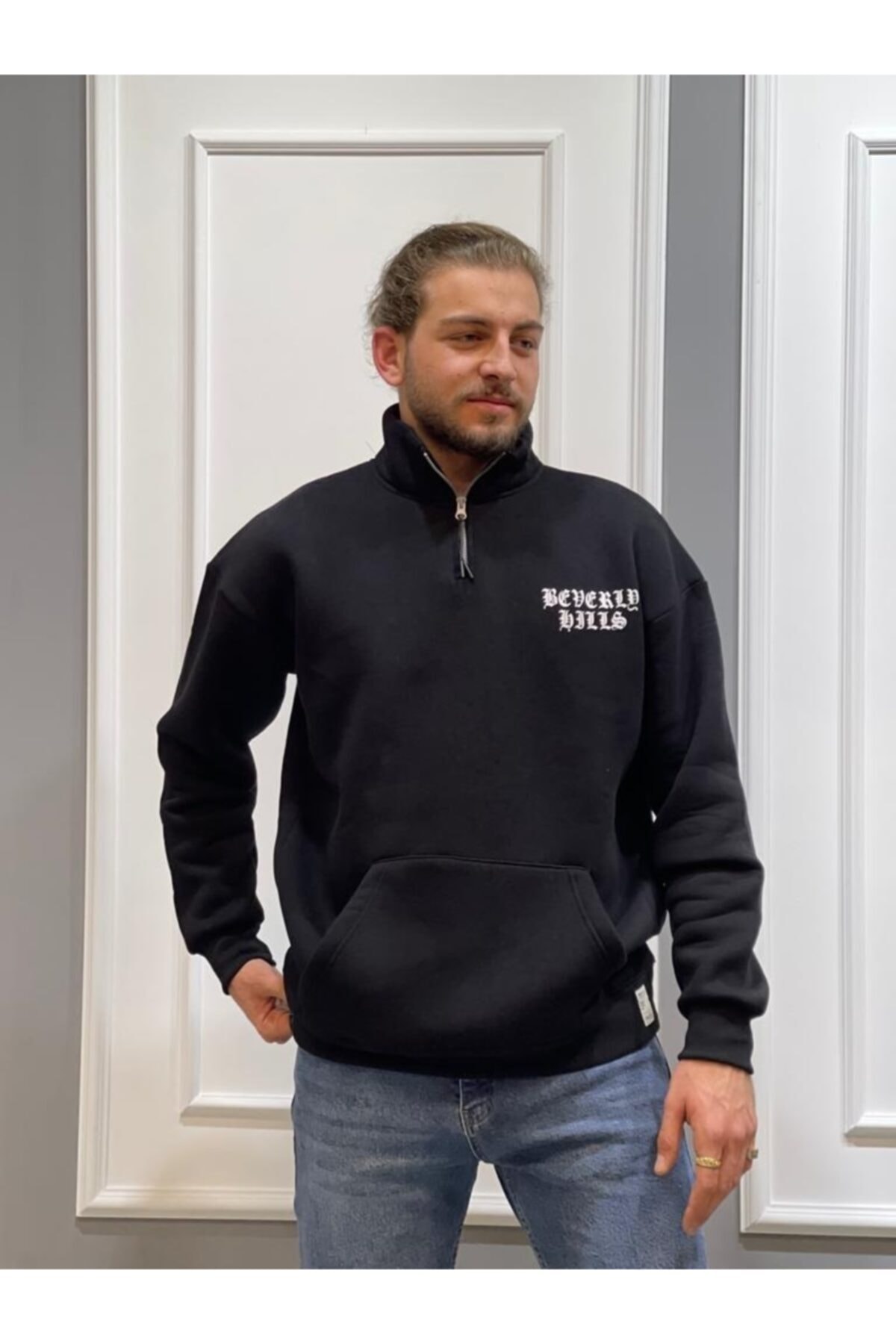 BLACK Pamuklu Yarım Fermuarlı Siyah Süveter