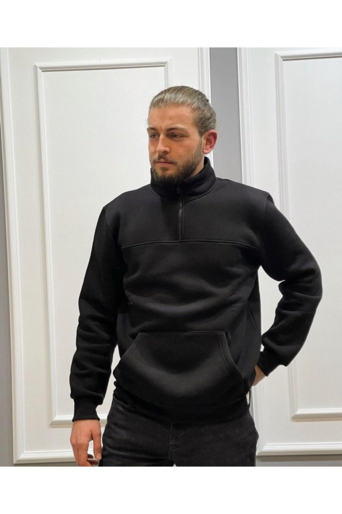 BLACK Fermuar Detaylı Siyah Süveter