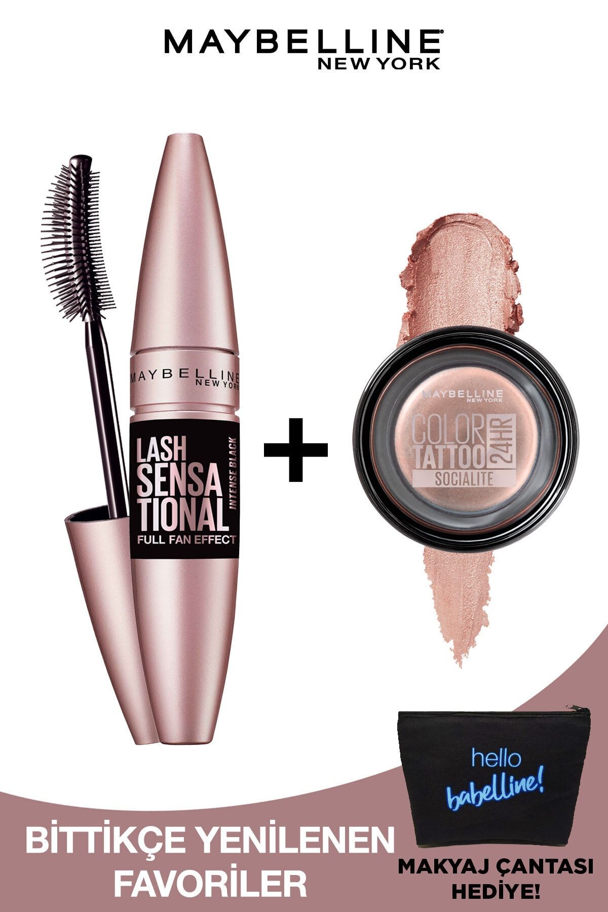 Maybelline New York Lash Sensational Yelpaze Etkili Ekstra Siyah Maskara & Color Tattoo 24hr Krem Göz Farı 150 Socialite
