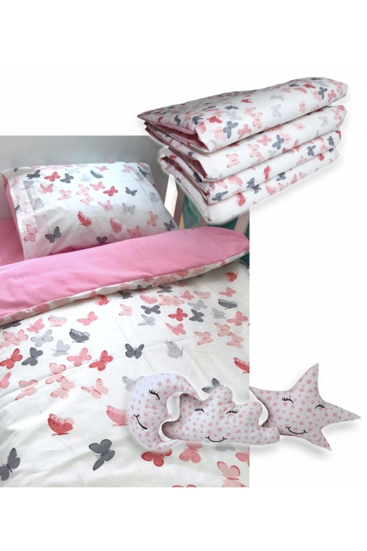 Bebek Özel %100 Pamuklu 90x190 Montessori Çocuk Uyku Seti Pembe Kelebekli Desenli (10 Parça)